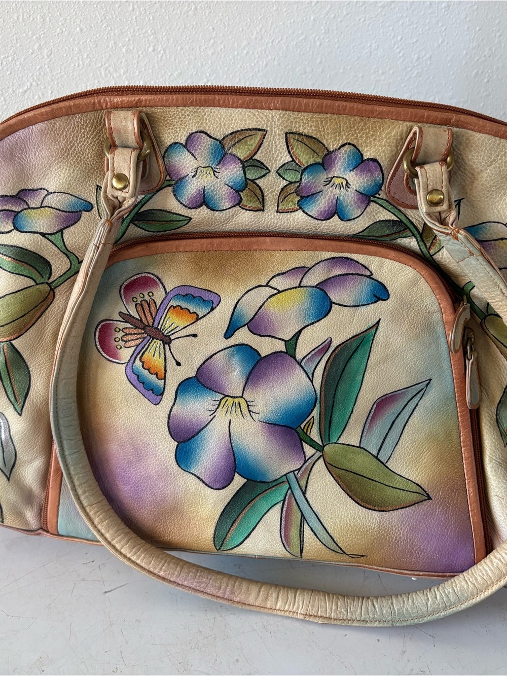 Hand-Painted Floral Shoulder Bag in Cream and Multicolor